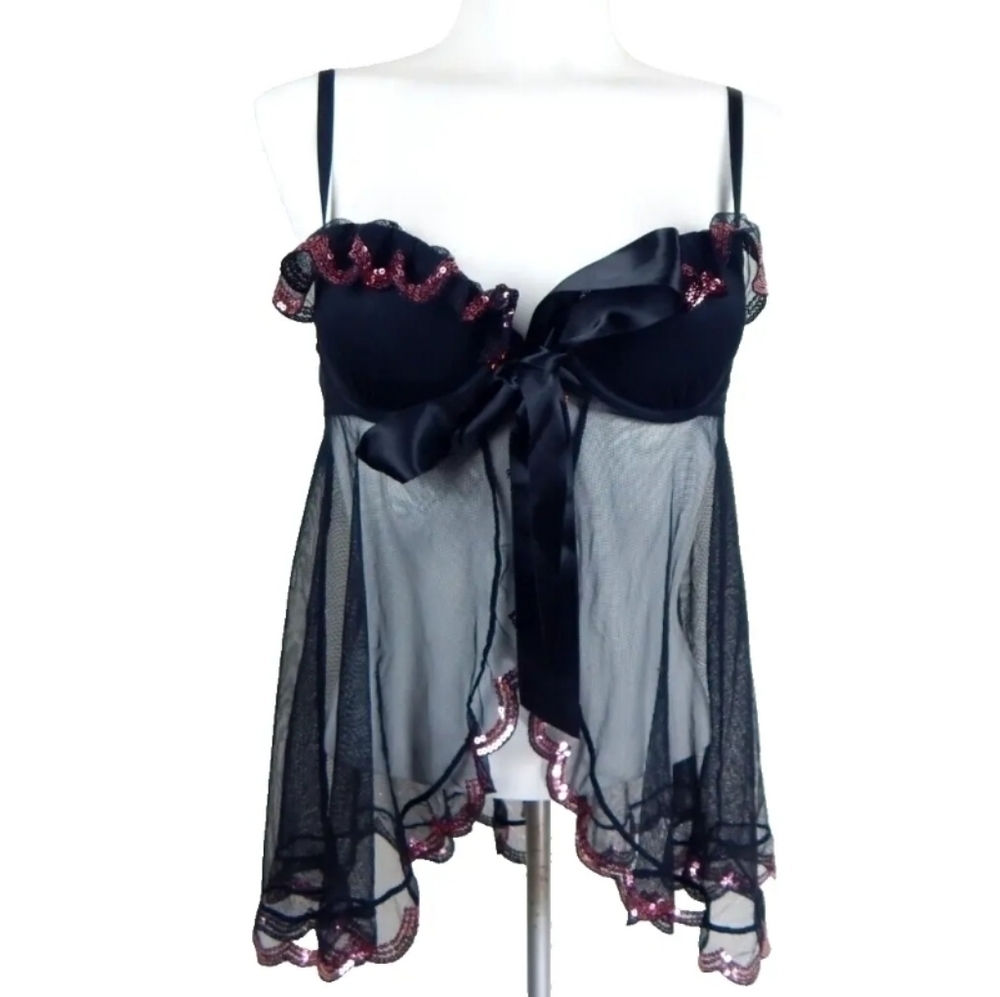 Victoria's Secret Sequin Tie Front Sheer Mesh Babydoll Nightie
